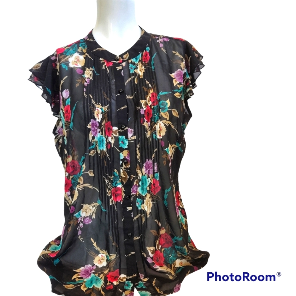Covington Flutter Sleeveless Black Floral  Semi-sheer Women's Summer Blouse M